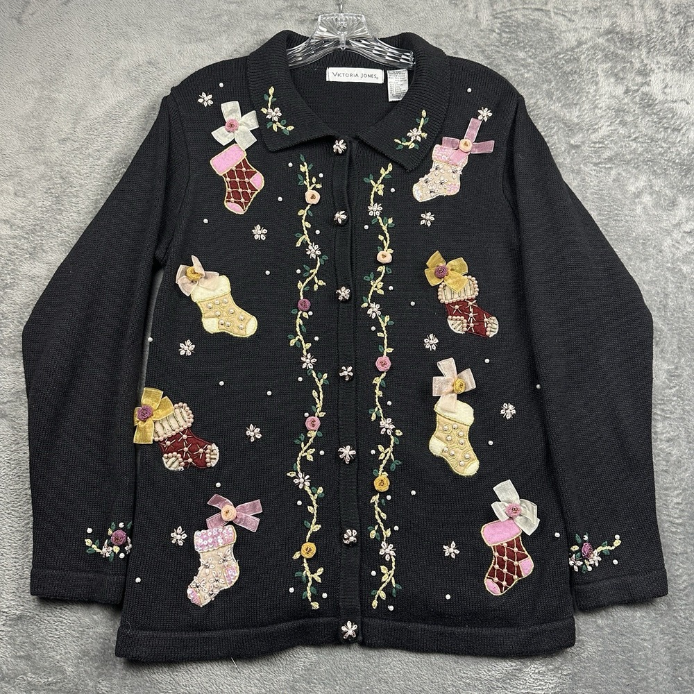 Victoria Jones Cardigan Sweater Small Faux Pearl Stockings Floral Embroidered